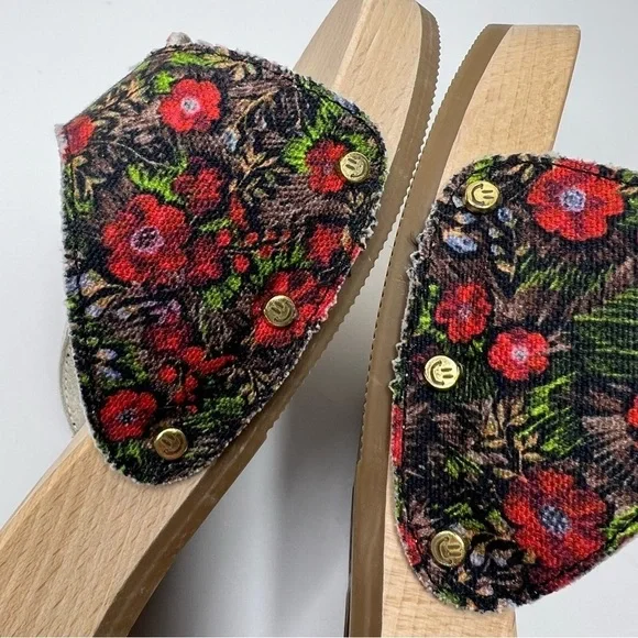 GANNI x Dr. Scholl's Red Floral Buckle Wooden Clog Slides Sandals Retro NEW - Picture 7 of 13